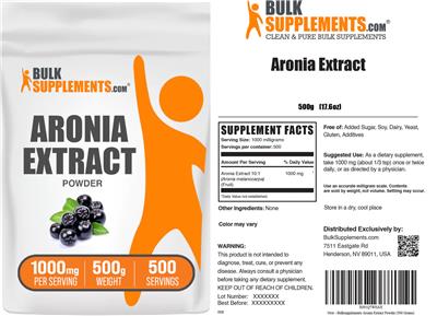 BulkSupplements.com Aronia Extract Powder 1000 mg source label used in the packaging illustration