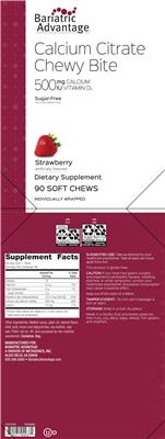 Bariatric Advantage Calcium Citrate Chewy Bite 500 mg Calcium 500 IU Vitamin D3 Strawberry source label used in the packaging illustration
