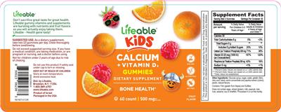 Lifeable Kids Calcium + Vitamin D3 Gummies 500 mg Fruit Flavor source label used in the packaging illustration