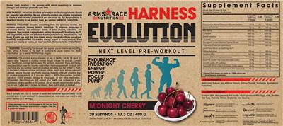 Arms Race Nutrition Harness Evolution Midnight Cherry source label used in the packaging illustration