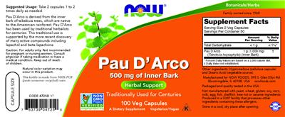 NOW Pau D'Arco 500 mg source label used in the packaging illustration