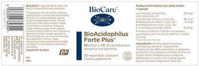 BioCare BioAcidophilus Forte Plus source label used in the packaging illustration