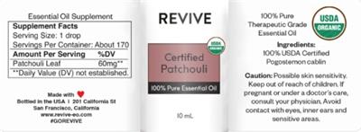 Revive Certified Patchouli source label used in the packaging illustration