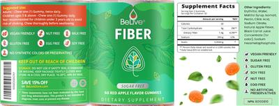 BeLive Fiber Red Apple Flavor Gummies source label used in the packaging illustration