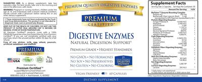 Premium Certified Digestive Enzymes source label used in the packaging illustration