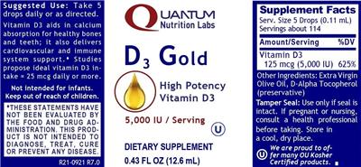 Quantum Nutrition Labs D3 Gold 5000 IU source label used in the packaging illustration