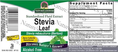Nature's Answer Stevia Leaf Alcohol-Free source label used in the packaging illustration
