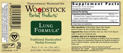 Woodstock Herbal Products Lung Formula source label used in the packaging illustration