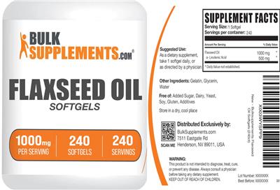 BulkSupplements.com Flaxseed Oil Softgels 1000 mg source label used in the packaging illustration