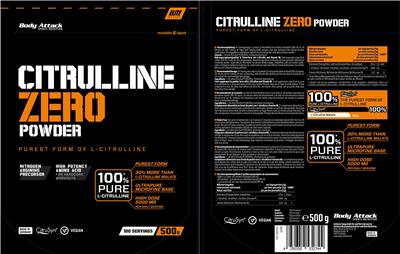 Body Attack Sports Nutrition Citrulline Zero Powder source label used in the packaging illustration