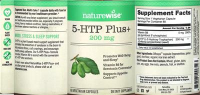 NatureWise 5-HTP Plus+ 200 mg source label used in the packaging illustration