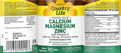 Country Life Target-Mins Calcium 1000 mg Magnesium 500 mg Zinc 25 mg with Vitamin D source label used in the packaging illustration
