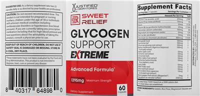 Justified Laboratories Sweet Relief Glycogen Support Extreme source label used in the packaging illustration