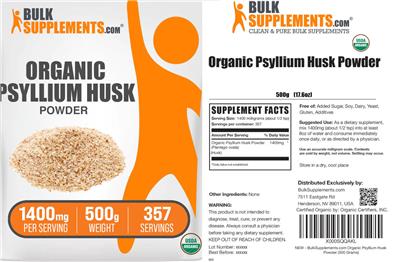 BulkSupplements.com Organic Psyllium Husk Powder 1400 mg product packaging