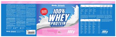 Body Attack Sports Nutrition 100% Whey Protein Strawberry White Chocolate source label used in the packaging illustration