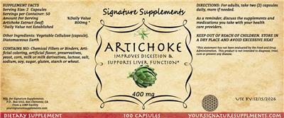 Signature Supplements Artichoke 400 mg source label used in the packaging illustration