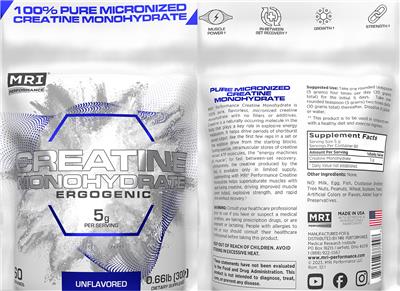 MRI Performance Creatine Monohydrate Ergogenic 5 g Unflavored source label used in the packaging illustration