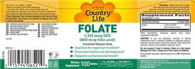 Country Life Folate 1333 mcg DFE (800 mcg Folic Acid) product packaging