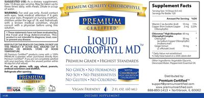 Premium Certified Liquid Chlorophyll MD source label used in the packaging illustration