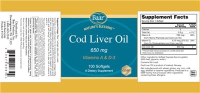 Baar Nature's Blessing Cod Liver Oil 650 mg source label used in the packaging illustration