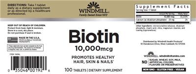 Windmill Biotin 10000 mcg source label used in the packaging illustration