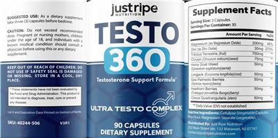 Just Ripe Nutrition Testo 360 source label used in the packaging illustration