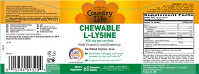 Country Life Chewable L-Lysine 600 mg Tangy Orange Twist Chew source label used in the packaging illustration