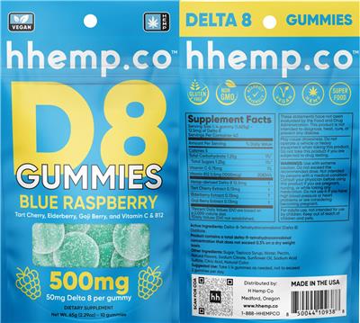 hhemp.co D8 Gummies Blue Raspberry 500 mg source label used in the packaging illustration