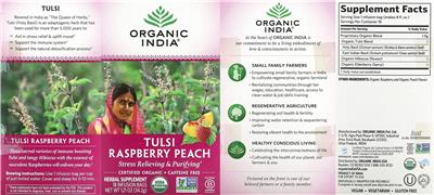 Organic India Tulsi Raspberry Peach source label used in the packaging illustration