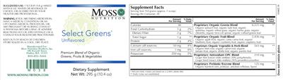 Moss Nutrition Select Greens Unflavored source label used in the packaging illustration