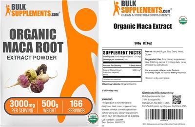 BulkSupplements.com Organic Maca Root Extract Powder 3000 mg product packaging