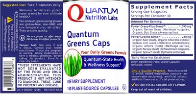 Quantum Nutrition Labs Quantum Greens Caps source label used in the packaging illustration
