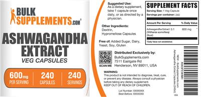 BulkSupplements.com Ashwagandha Extract 600 mg source label used in the packaging illustration