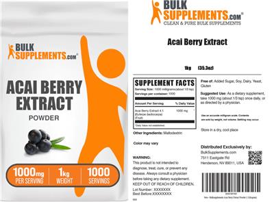 BulkSupplements.com Acai Berry Extract Powder 1000 mg source label used in the packaging illustration