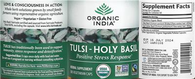 Organic India Tulsi-Holy Basil Positive Stress Response source label used in the packaging illustration