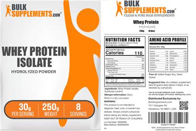 BulkSupplements.com Whey Protein Isolate Hydrolyzed Powder 30 g product packaging