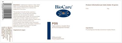 BioCare FOS source label used in the packaging illustration