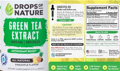 Drops of Nature Green Tea Extract 1000 mg Pineapple Flavor product packaging