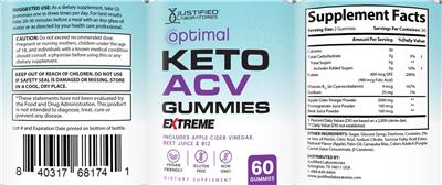 Justified Laboratories Optimal Keto ACV Gummies Extreme source label used in the packaging illustration