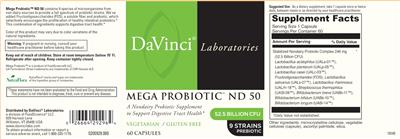 DaVinci Laboratories Mega Probiotic ND 50 source label used in the packaging illustration