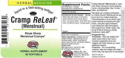 Herbs Etc. Cramp ReLeaf source label used in the packaging illustration