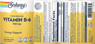 Solaray Vitamin B-6 100 mg Timed Release product packaging