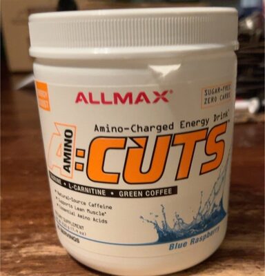 ALLMAX Amino:Cuts Amino-Charged Energy Drink Blue Raspberry source label used in the packaging illustration