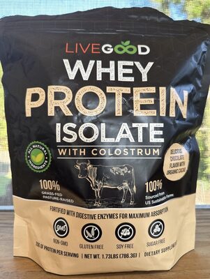 LiveGood Whey Protein Isolate Chocolate source label used in the packaging illustration