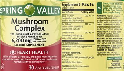 Spring Valley Mushroom Complex source label used in the packaging illustration