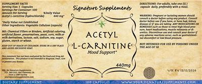 Signature Supplements Acetyl L-Carnitine 440 mg source label used in the packaging illustration