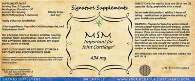 Signature Supplements MSM 434 mg source label used in the packaging illustration