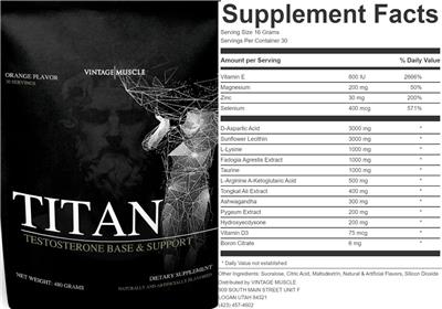 Vintage Muscle Titan Orange Flavor source label used in the packaging illustration