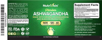 Nutrivein Premium Ashwagandha 1600 mg source label used in the packaging illustration
