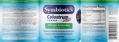 Symbiotics Colostrum Plus Powder source label used in the packaging illustration